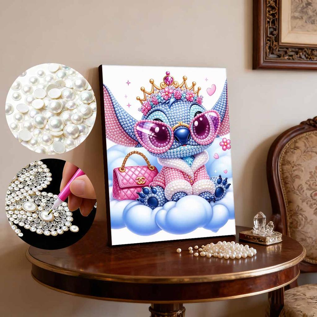 Sweet Cool Pearl-Inlaid Stitch Frameless Art | Cloudy Dreamy Bg, Handmade 2D Pearl Craft, Shows Pink Outfit, Ideal for Y2K, Girly, Creamy Home Decor
