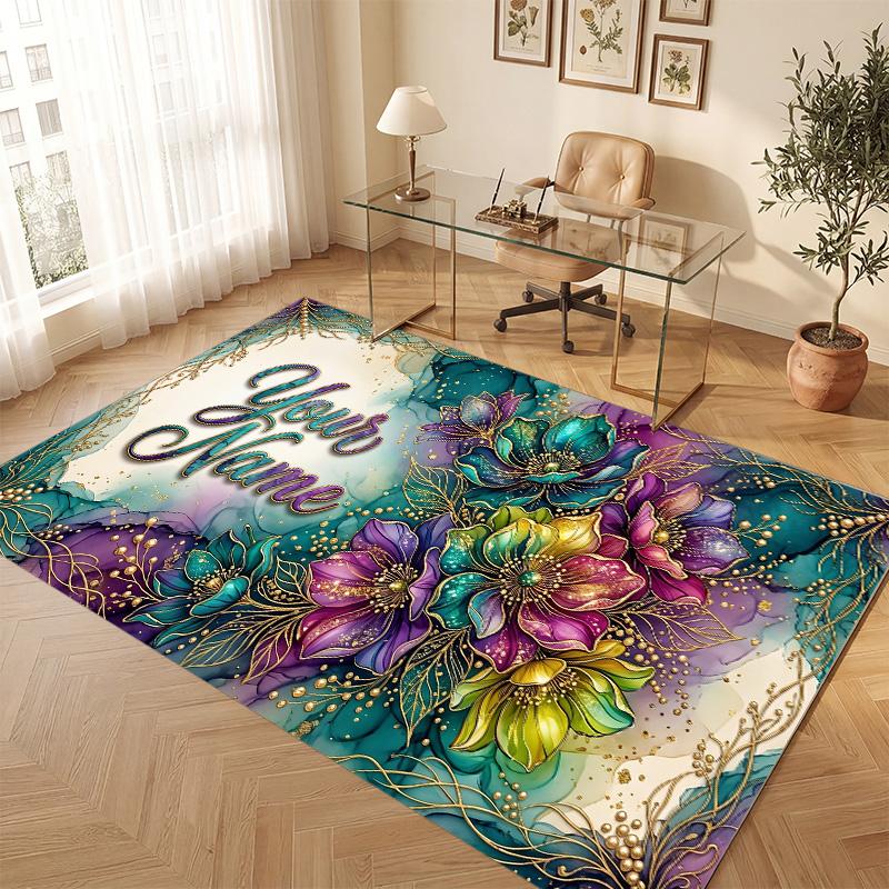 Floral Garden Theme Soft Crystal Velvet Rug Custom Name & Text Print Non Slip Floor Rug for Bedroom Living Room
