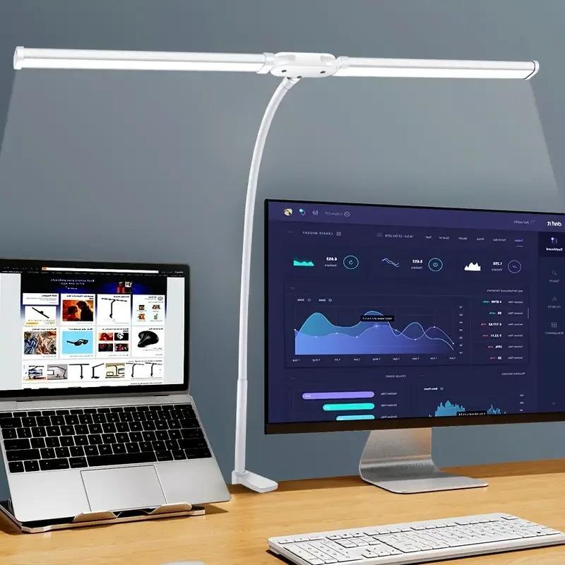 

Двухголовая настольная лампа с клипсой, светодиодная, 3 режима яркости, регулируемая, USB-адаптер, подходит для чтения, учебы, игры на пианино, мониторов, офиса