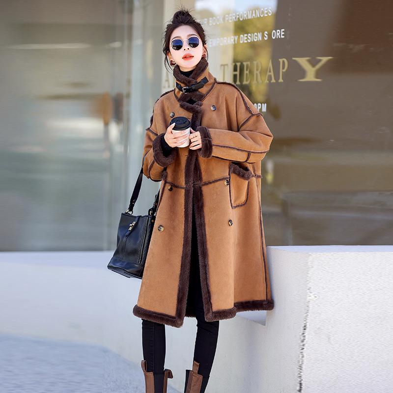 

Зимнее замшевое пальто средней длины 2024: Тенденция на куртку в стиле колор-блок, с интегрированной шерстью, утолщенную, на флисовой подкладке. XL 121-130 lbs