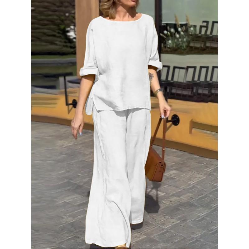 

YYFS Жіночий Модний Повсякденний Літній Весняний Однотонний Принт Короткий Рукав Круглий Виріз Штани Костюми XXL білий