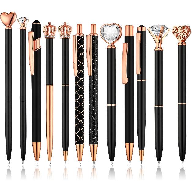 Colarr 12 Pcs Ballpoint Pens Set Metal Crystal Diamond Pen for Journaling Black Ink Ballpoint Pens Liquid Sand Glitter Pen Fancy Pens Gifts for Woman