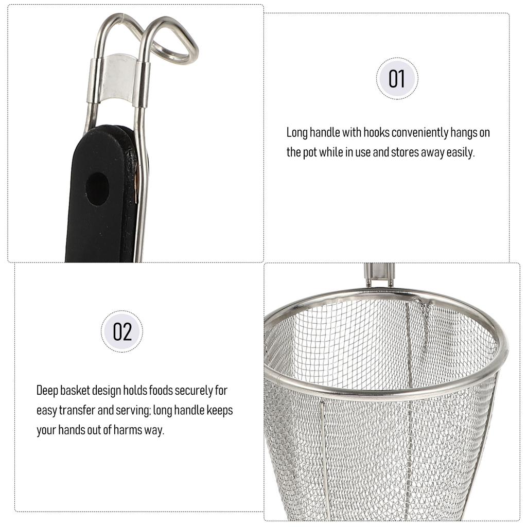 Stainless Steel Strainer Basket Wire Mesh Food Skimmer Kitchen Sieve for Pasta Dumpling Noodle (Black Handle)