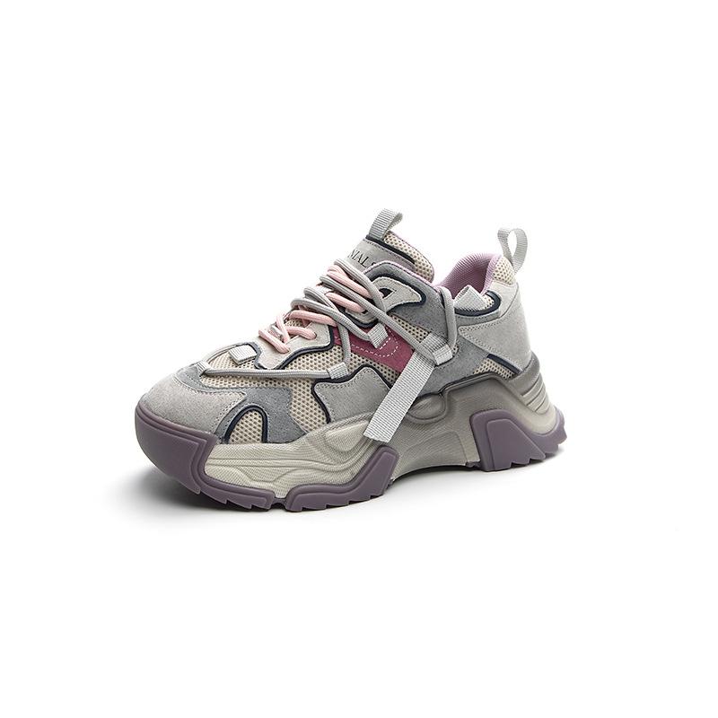 

Color matching suction film bottom mesh breathable autumn new thick-soled heightening leather sports and leisure women s shoes 35 фиолетовый