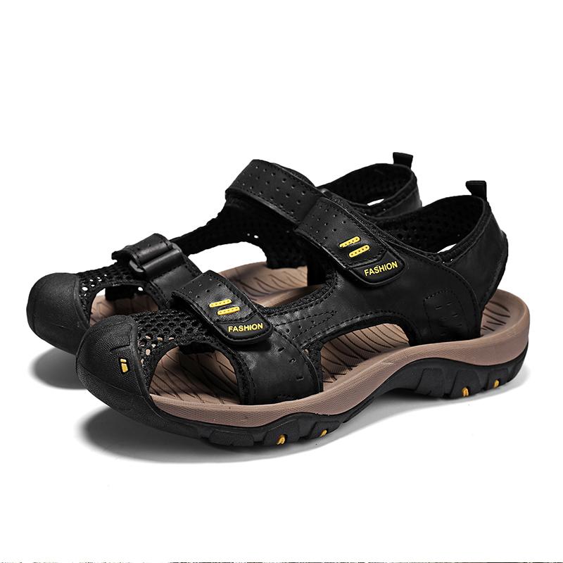 

Men Hiking Sandals Outdoor Black Leather Sandals Wide Head Closed Toe Sport Sandals Summer Beach Shoes for Father Plus Size EU:45 чёрный