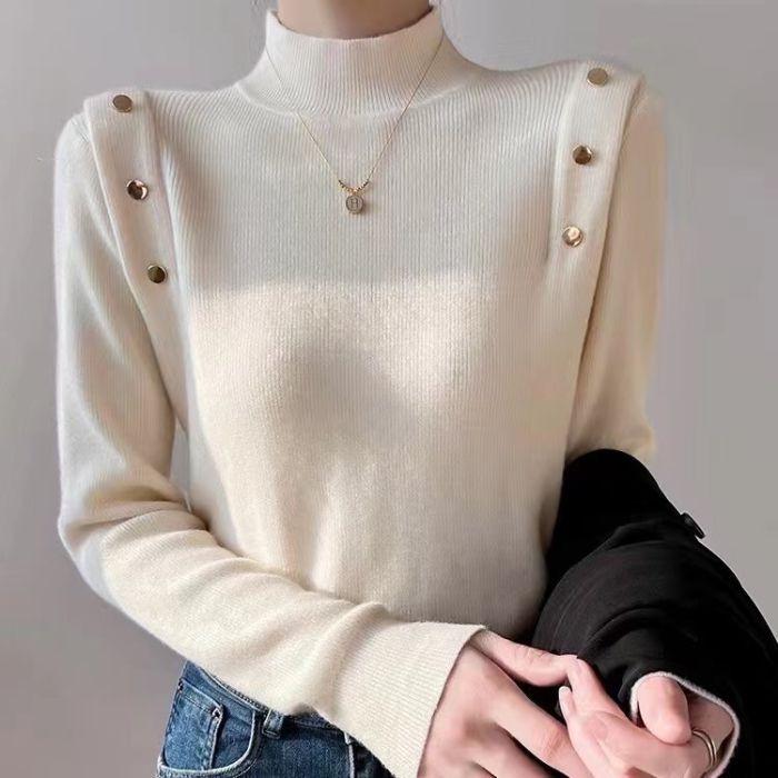 Women's Slim Fit Black Knitted Sweater - Medium High Neck, Autumn & Winter Base Layer