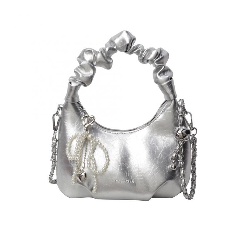 (Silver) Hot Y2K New Underarm Bags for Women Pleated Handle Design Ladies Pearl Bow Handbag Adjustable Strap Shoulder Crossbody Bag