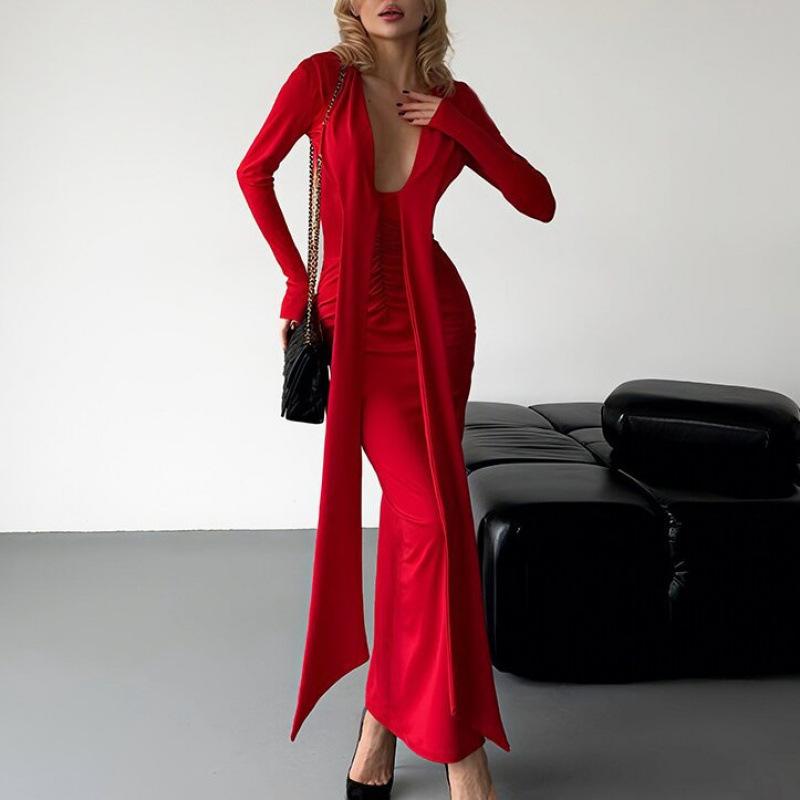 Europe, America, Autumn New Products, Sexy Deep V Streamer Long-sleeved Solid Color Slim-fitting Fashion Dress