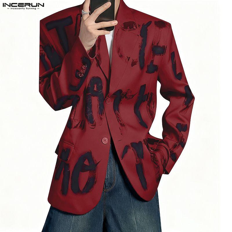 INCERUN Oversized Spring Men Lapel Neck Long Sleeve Print Button Thin Blazer Coats