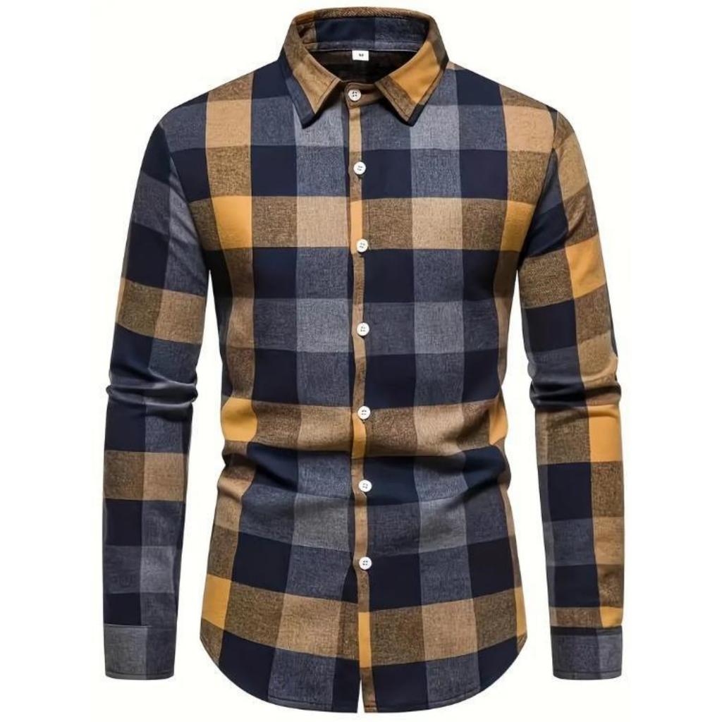 Men's Casual And Trendy Digital Printed Checkered Long,sleeved Lapel Button,down Shirt