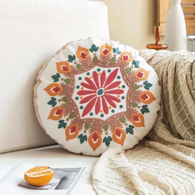 Moroccan Ethnic Round Cushion Cover Mandala Floral Embroidery Home Decor Living Room Throw Pillow Case Ball Indian Decorative