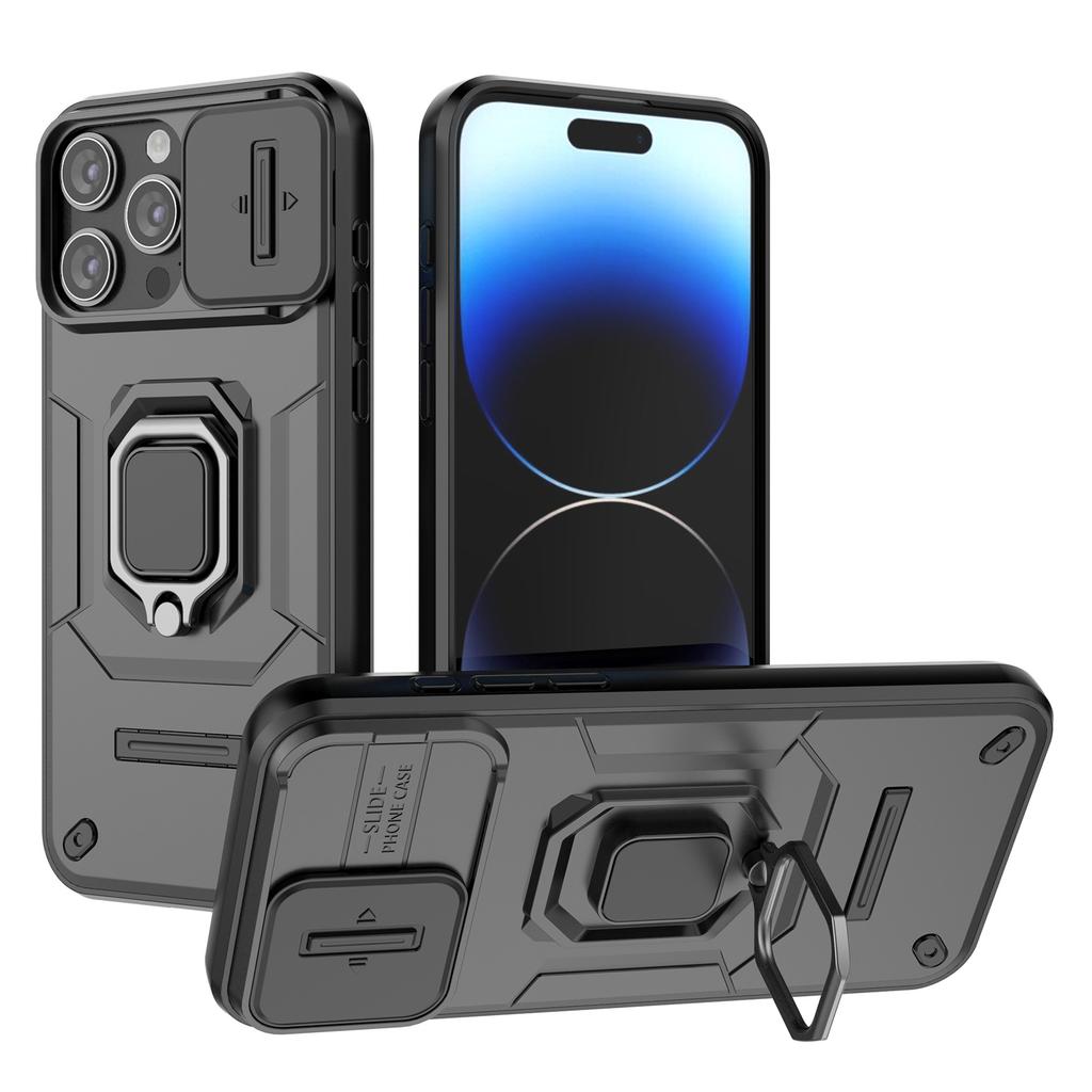 For iPhone 15 Pro Kickstand Phone Case with Slide Lens Cover PC+TPU Shockproof Rugged Shell