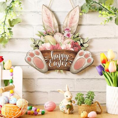1 pièce Panneau Lapin de Pâques en Bois, Design Floral Moderne pour Porte d'Entrée, Décor de Bienvenue Printanier & Cadeau Saisonnier pour la Maison, Jour de Pâques