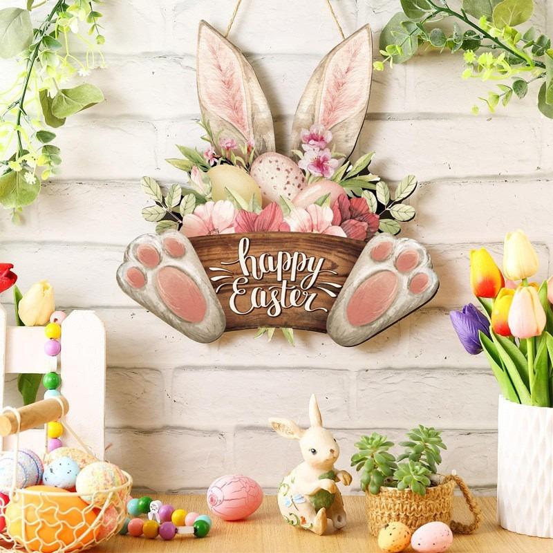 1pc Easter Wooden Bunny Sign, Modern Floral Design for Front Door, Spring Welcome Decor & Seasonal Home Gift,Easter Day
