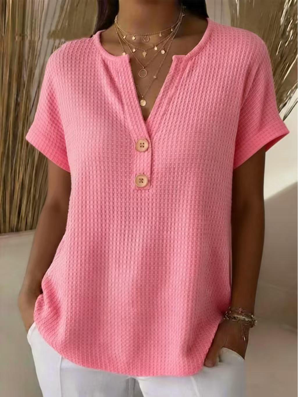 

2025 Summer Trendy European & American Buttoned Casual Waffle Knit V-Neck Short Sleeve Loose T-shirt Large рожевий