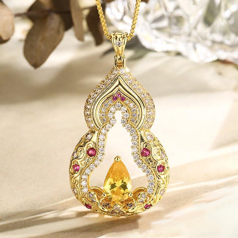 Exquisite Full Diamond Gourd Lotus Necklace with Carved Patterns and Gemstone Accents - New Chinese Style for Women