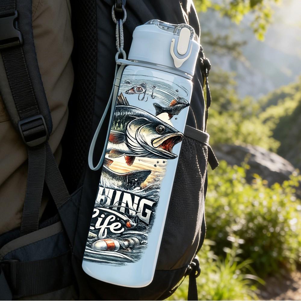 1PC Fishing Bass Fish Outdoor Scene Print 750ml Color Plastic Sports Water Bottle Leakproof Flip Straw Lid Suitable for Sports Office Home Use