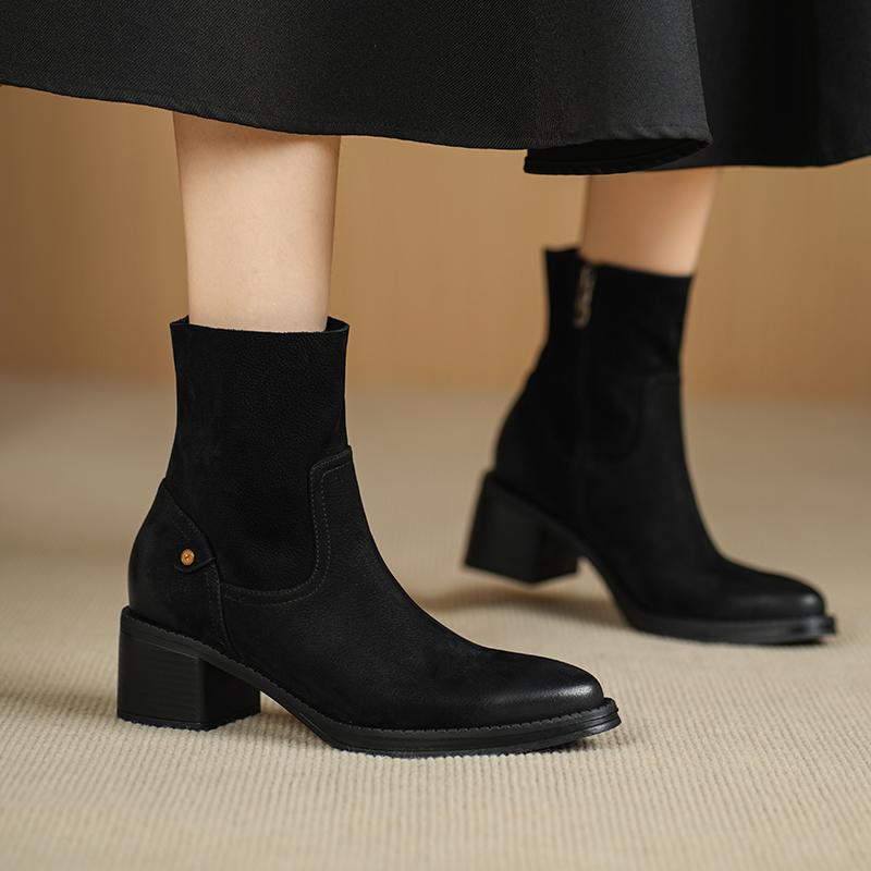 Fashion 2025 Autumn Women Boots Pointed Toe Chunky Heel Genuine Leather Women Shoes Short Modern Boots Winter High Heel Mid-calf Boots