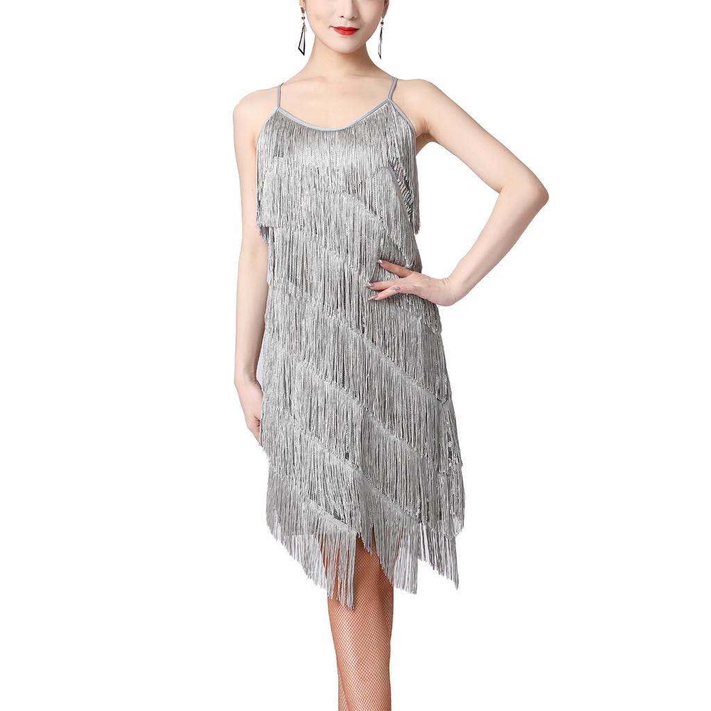 Damen Glitzerndes Pailletten Fransenkleid Samba Tango Lateinischer Tanz Kostüm Verstellbare Spaghettiträger Quastenkleid