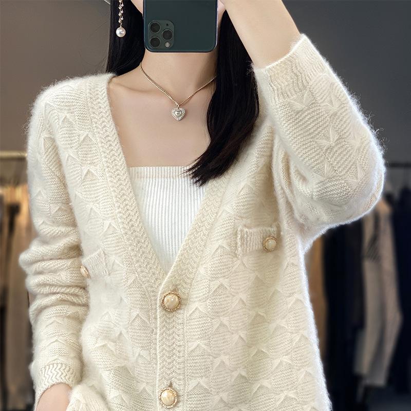 V-neck Diamond Crimped Wool Cardigan for Women In Autumn and Winter Loose and Versatile Solid Color Knitted Wool Jacket Top