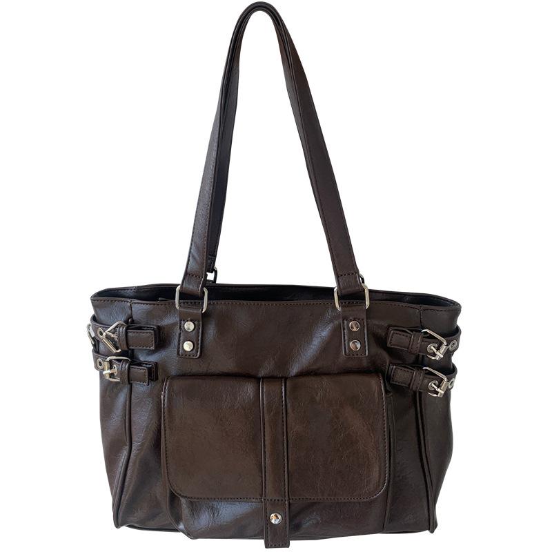 New Retro Coffee Color Versatile Large Capacity Commuting Tote Bag, College Style Single Shoulder Crossbody Bag