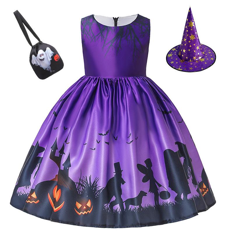 Kids Girls Halloween Costume Ghost  Dress Witch Hat Pumpkin Skull Printed Fancy Dress Up Cosplay Party Outfits