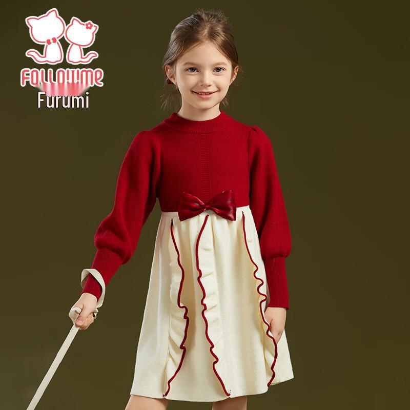 Girls  Sweet Bowknot Long-Sleeve Knit Dress 120