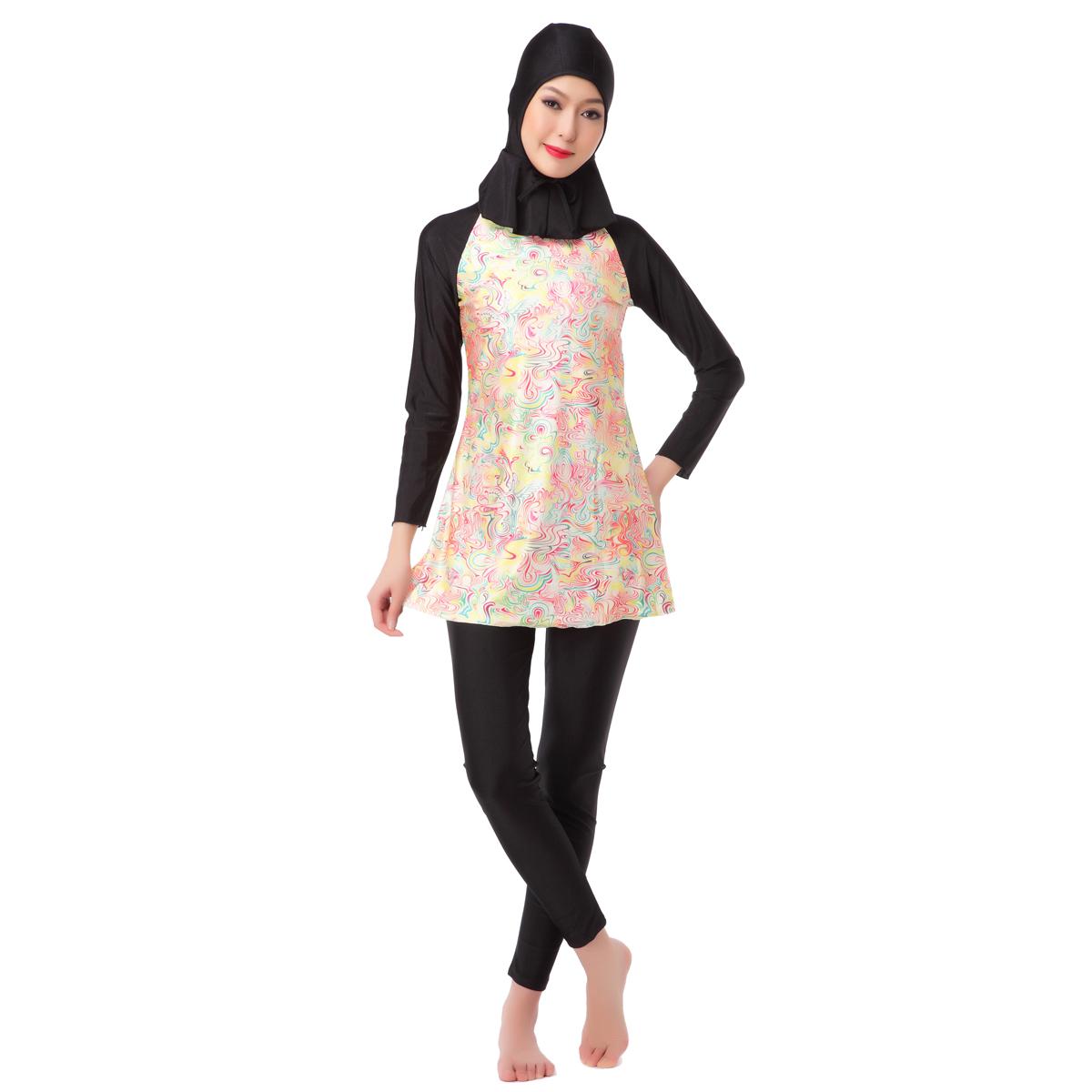 

Мусульманский купальный костюм из 2 предметов XS-XXXL, женский мусульманский купальный костюм с шапочкой, купальник с принтом, купальник высокой эластичности, пляжная одежда, женские купальники S чёрный