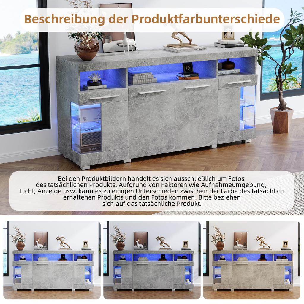 Sideboard Hochglanz Kommode Anrichte Schrank 4 Türen & Offene Staufächer, Mehrzweckschrank Glastüren, Wohnzimmer, Esszimmer, Zementfarbener
