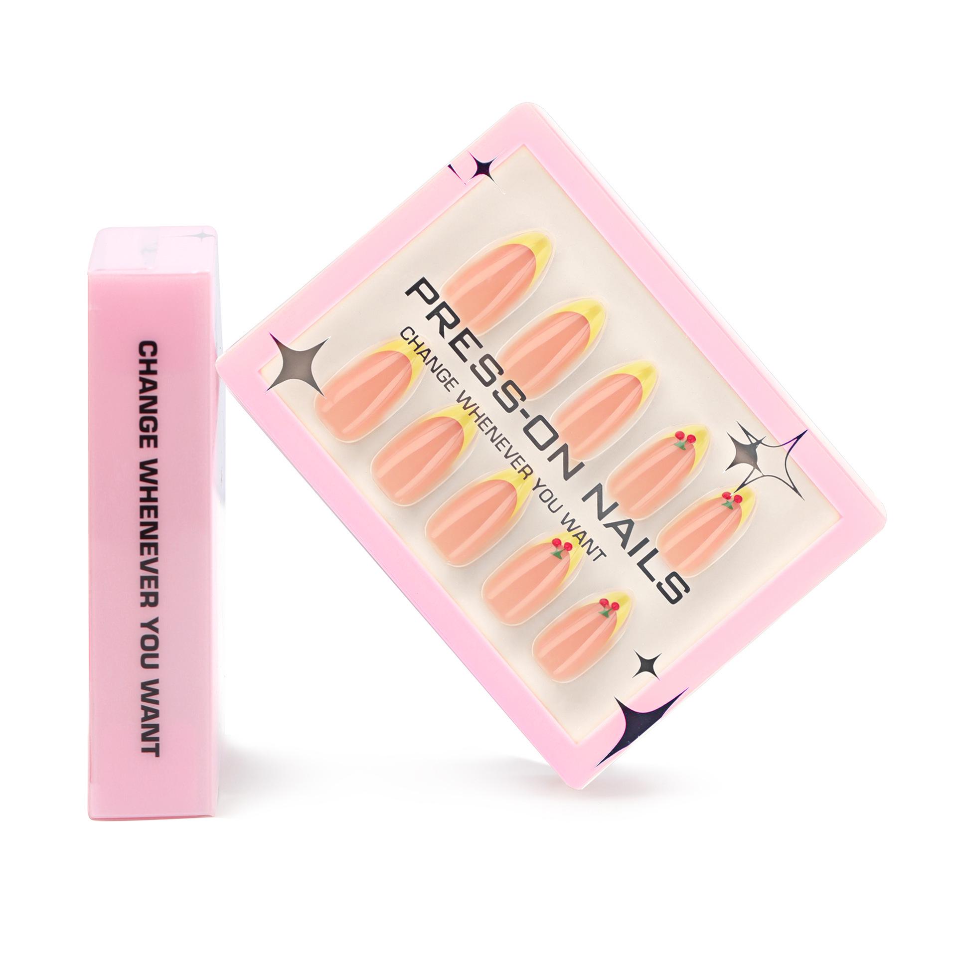Cherry 3D French Yellow Almond Wearable Fake Nails – Simple Fresh Nail Art