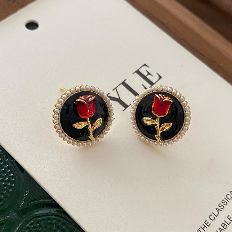 Ankara Red Rose Flower Stud Earrings French Retro Temperament Earrings Women'S Festive High-End Drip Glaze Hepburn Style Earrings