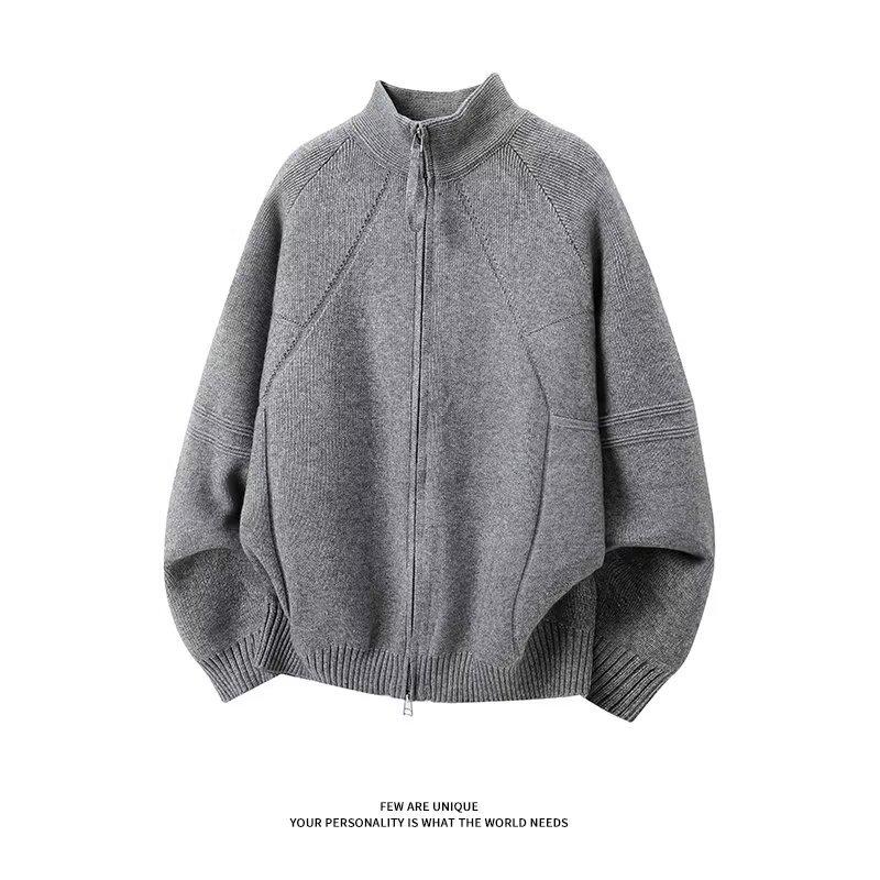 Men's Korean Style Double Zipper Knit Cardigan - Autumn/Winter Long Sleeve Casual Stand Collar Sweater