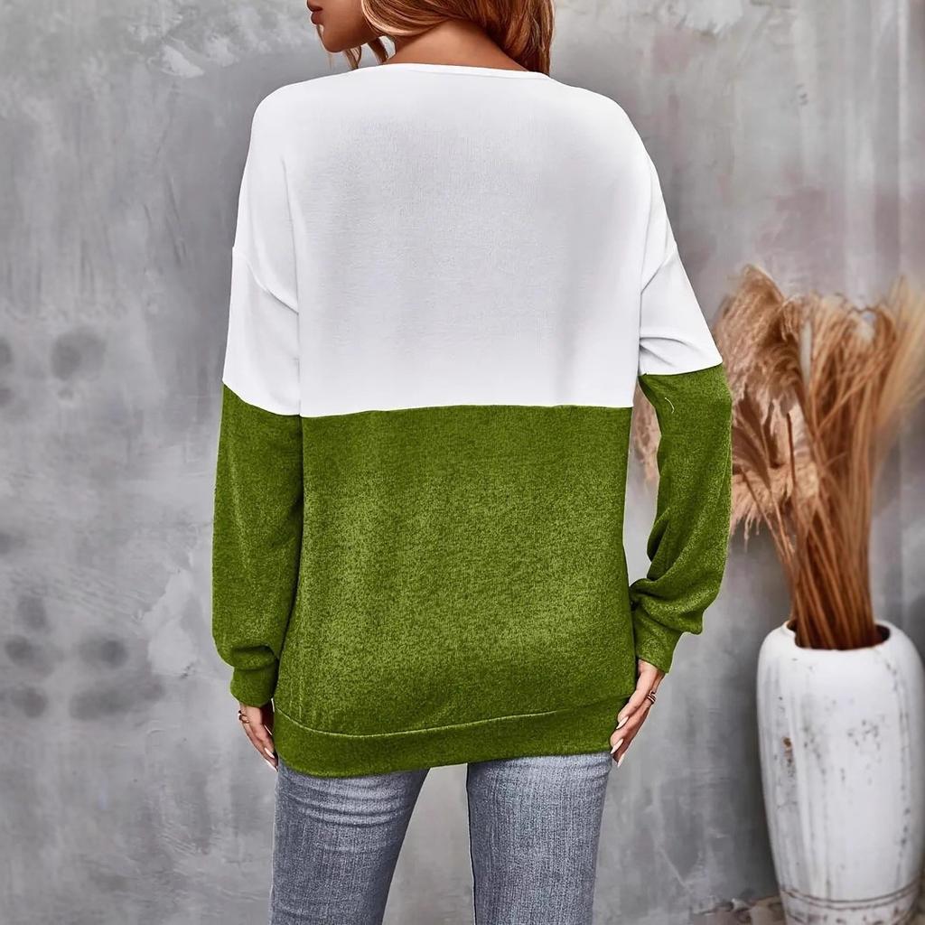 A New V-neck Cross-color Contrasting and Off-the-shoulder Sleeve Casual T-shirt for Women In Autumn and Winter