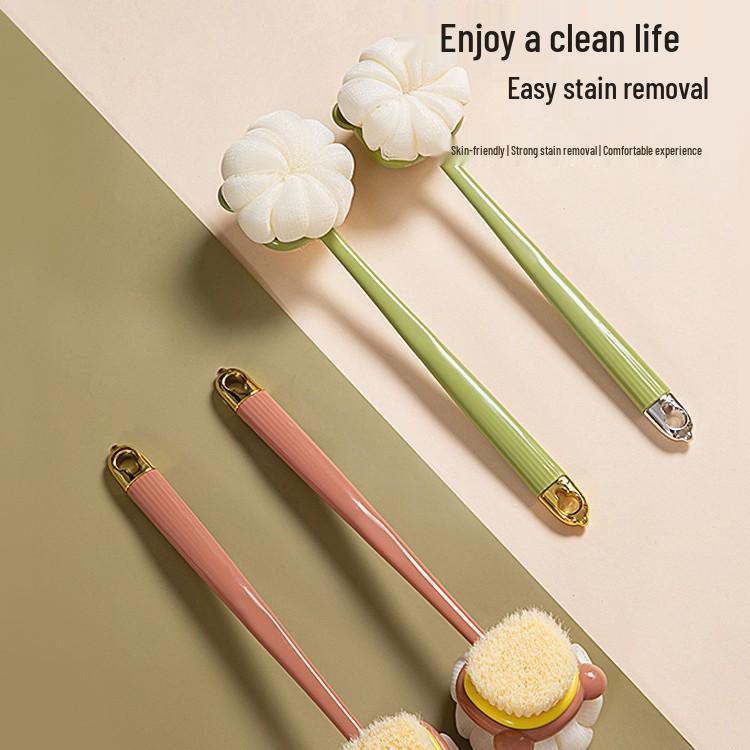 Silicone Long-Handle Soft Bristle Bath Brush & Loofah: Two-in-One Exfoliating Back Scrubber