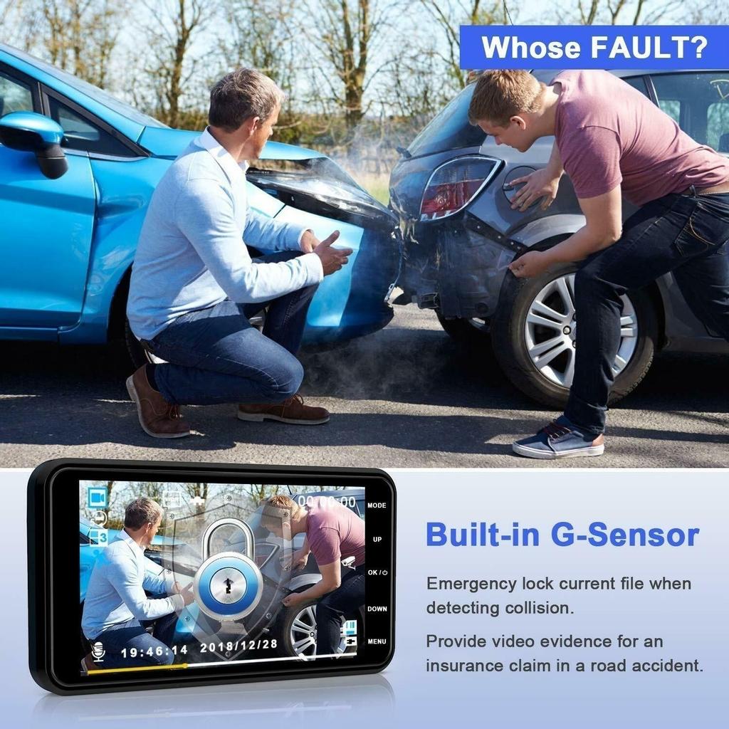 Screen Dual Lens HD 1080P Dash Cam Front&Rear Built-in GPS 170° Wide Angle DVR with G-sensor/Night Vision/Motion Detection/Loop