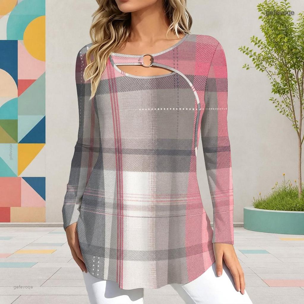 Women Plus Size Keyhole Ring Neck Long Sleeve Printed T Shirt Pink Grey White