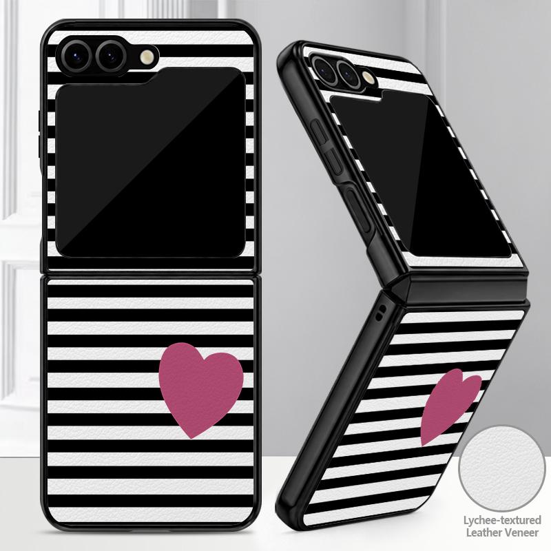 Fashion Striped Duck Heart Case For Samsung Z Flip 8 7 FE 6 5 4 Hybrid Leather Skin Hard PC Bumper Cover For Galaxy Z Flip8 Flip7 Flip6 Flip5