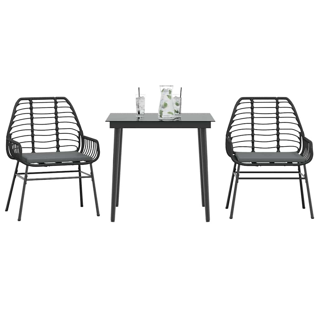 3 Piece Outdoor Dining Set with Cushions Black Poly Rattan & Glass