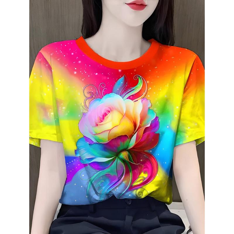 Summer Bestseller Beautiful Rose Flower 3D Print Short Sleeve Women's Fashionable round Neck T-Shirt Polyester Oversize