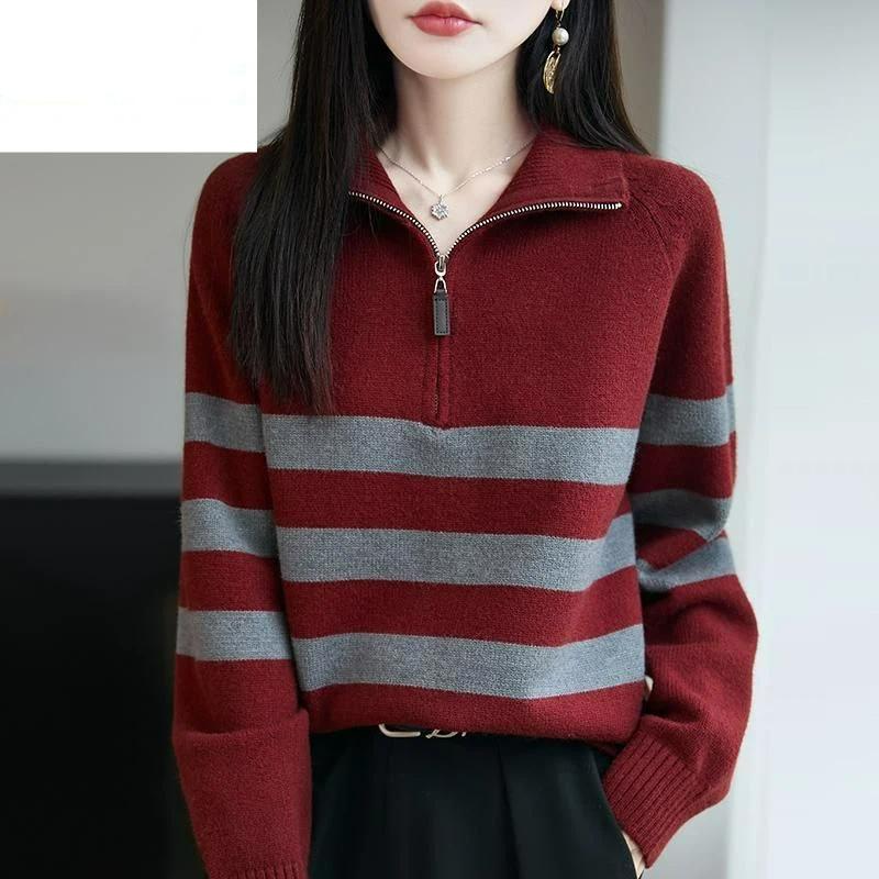 Women's Zipper Striped Loose Knit Top