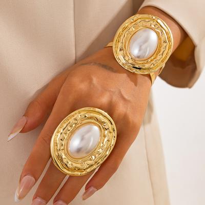 Simple Punk Metal Oval Irregular Imitation Pearl Geometric Round Bracelet Set Female