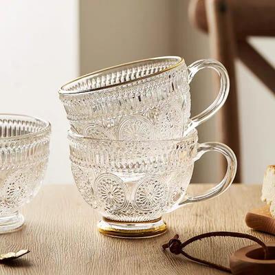 Retro Breakfast Cup With Spoon Transparent Glass Handle Cup Household Large Capacity Milk Cup Relief Sunflower Oat Cup