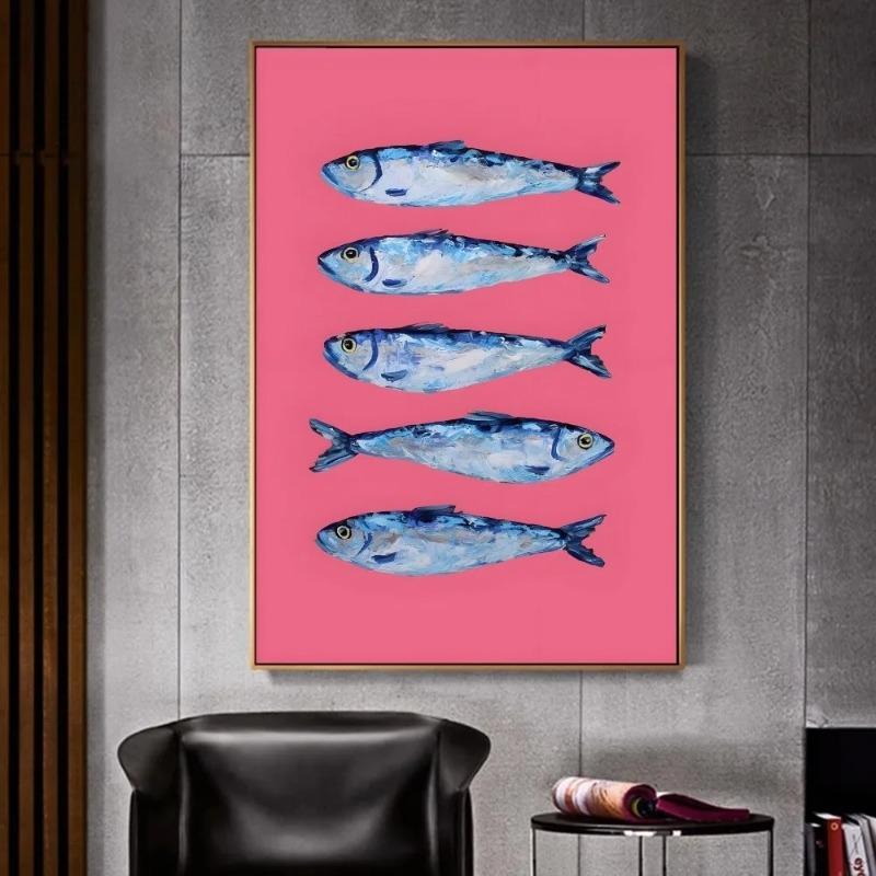 Colorful Sardine Lobster Fish Ocean Animal Whitepaper Canvas Painting  Fancy for Living Room Bar Decoration Vintage Painting