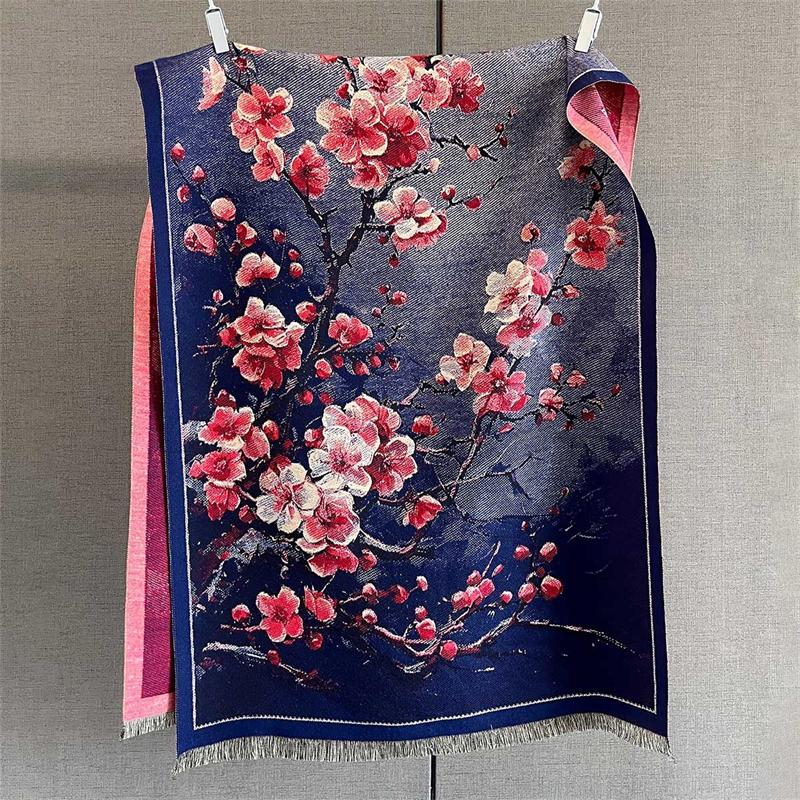 65*190cm Winter Warm Women Scarf Double-Sided Flower Faux Cashmere Scarves Luxury Wrap Shawls High-Quality Pashmina