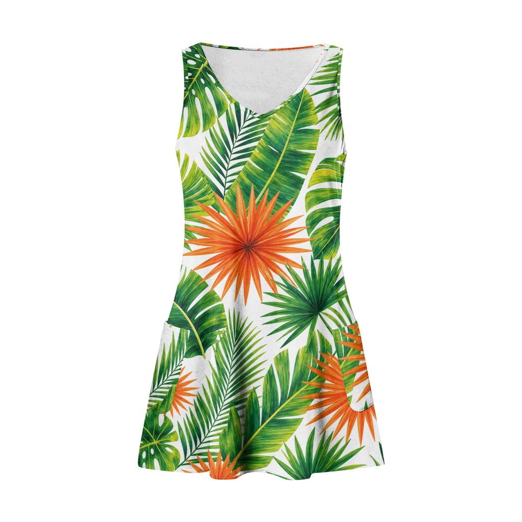 Damen V-Ausschnitt Ärmelloses Lässiges Kleid mit Hawaiianischem Print und Taschen Sommerurlaub Lockerer Schnitt Strand-Sonnenkleid