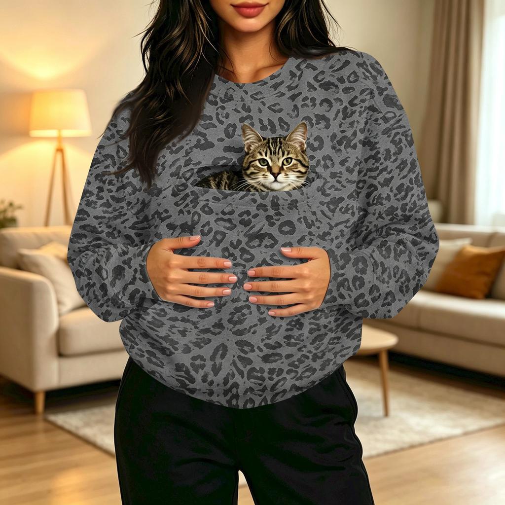 Damen Casual Pullover mit Rundhalsausschnitt, Langarm, Leopardenmuster, mit Brusttasche für Haustiere