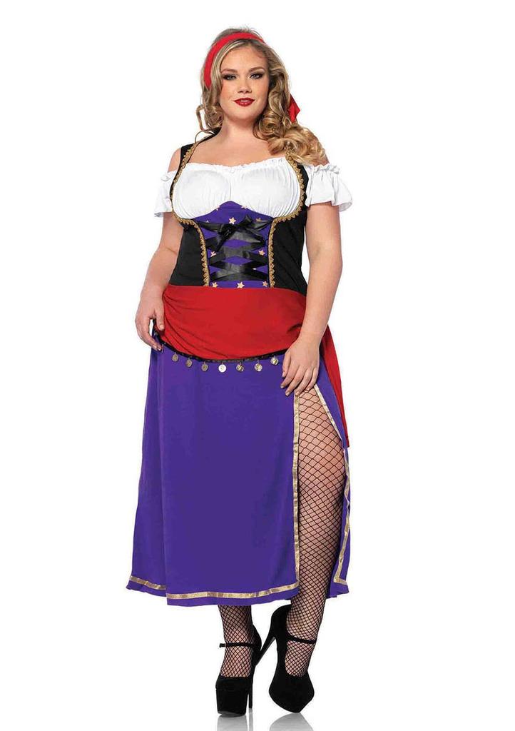 LEG AVENUE Traveling Gypsy Dress with Slit Skirt and Sizes Headscarf, 2-Piece Costume, Purple/Black, Women's, 1X/2X