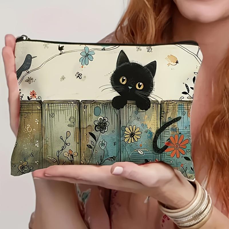 1pc Stylish Cat Floral Cosmetic Bag with Zipper Closure - Lightweight Foldable Travel Makeup Organizer for Women makeup pouch
