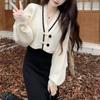 Retro Buckle Contrasting Color V-neck Fashionable Sweater Jacket for Autumn and Winter Loose Long Sleeved Short Knit Cardigan Top