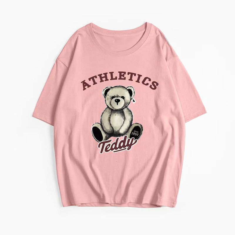 

Western Style Casual Bear Print Loose Short sleeve Cotton T-shirt Top Loose Printed T-shirt Top Pink 2XL